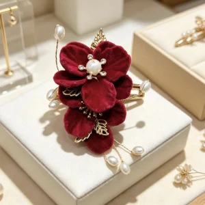 Horquilla Metal con Adorno de Flores Rojas Terciopelo BRO-25915