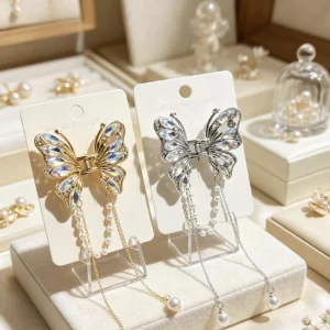 Broche Metal Mariposa Elegante con Gemas y Colgantes BRO-25961