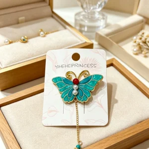 Hebilla Metal Dorado Mariposa Turquesa con Colgante BRO-26069