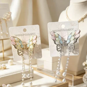 Broche Metal Mariposa con Gemas y Colgantes de Perlas BRO-26162